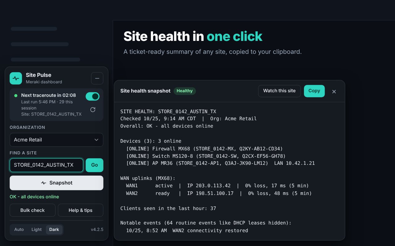 Site Pulse for Meraki panel with a site health snapshot