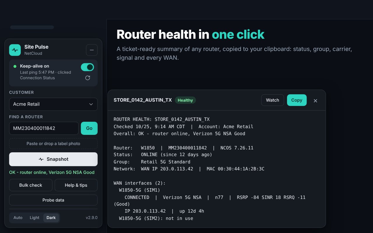 Site Pulse for NetCloud panel with a router health snapshot